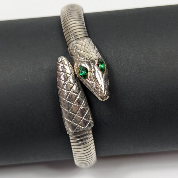 Vintage Silver Tone Wrap Around Snake Bracelet with Green Rhinestone Eyes - Picture 1 of 6